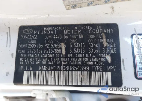 2008 Hyundai Tucson Gls z USA, uszkodzony, nr VIN KM8JM12B08U854399